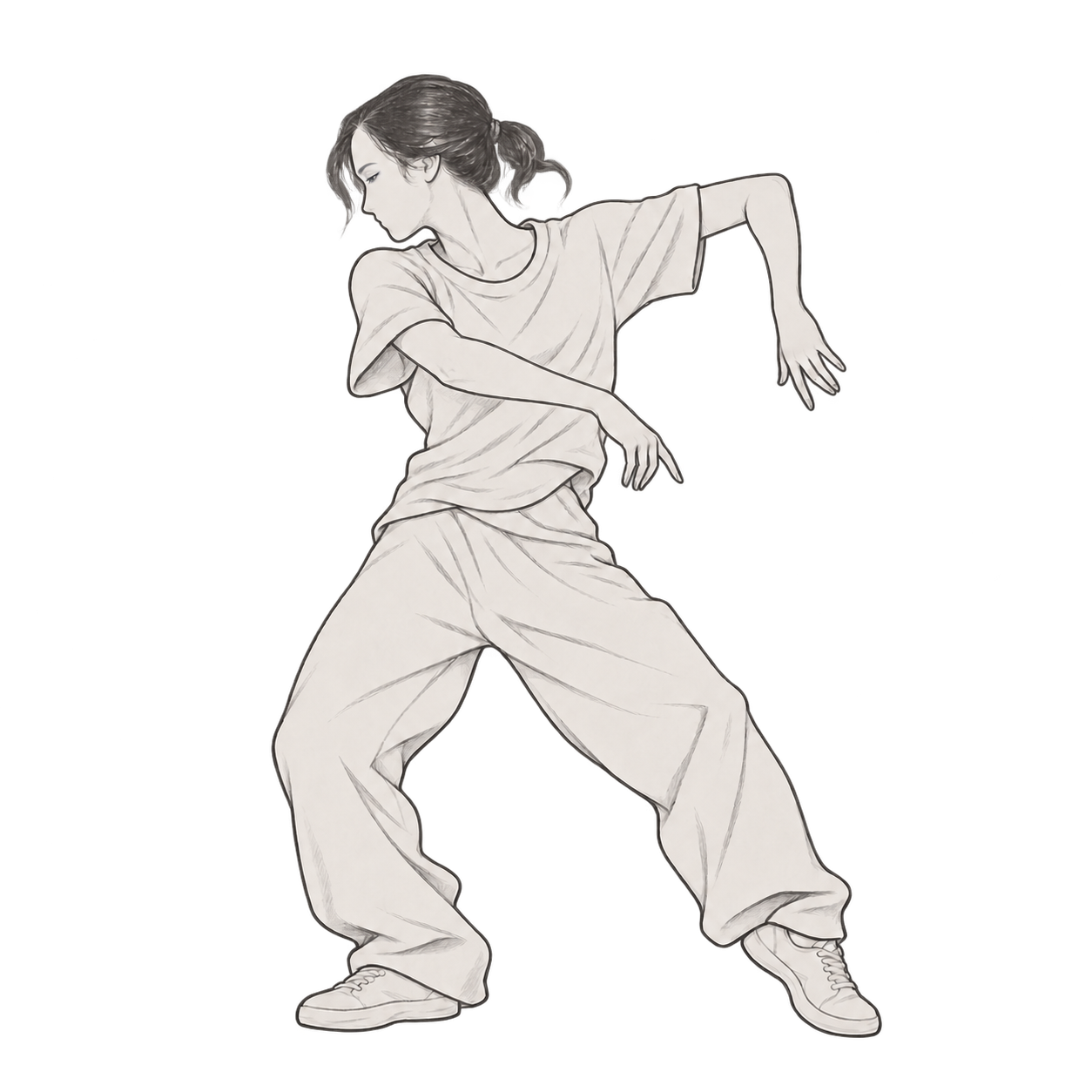 Ink illustration of a hip-hop dancer mid-groove, with bent knees, a turned torso and relaxed arms, wearing loose trousers and sneakers.